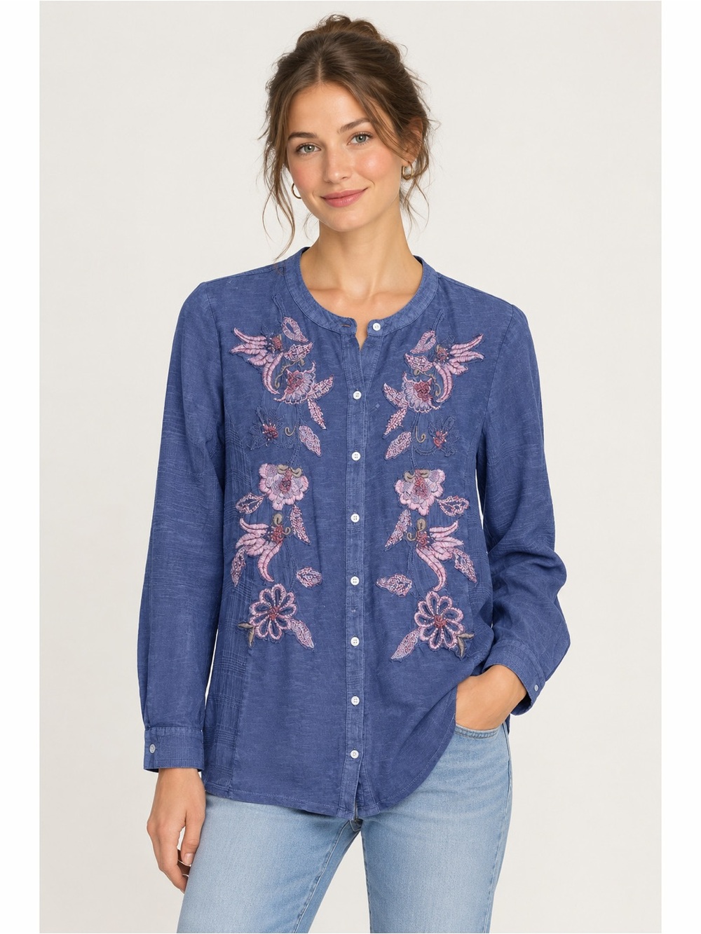Soft Surroundings Moody Floral Embroidered Long Sleeve Button Front Boho Shirt